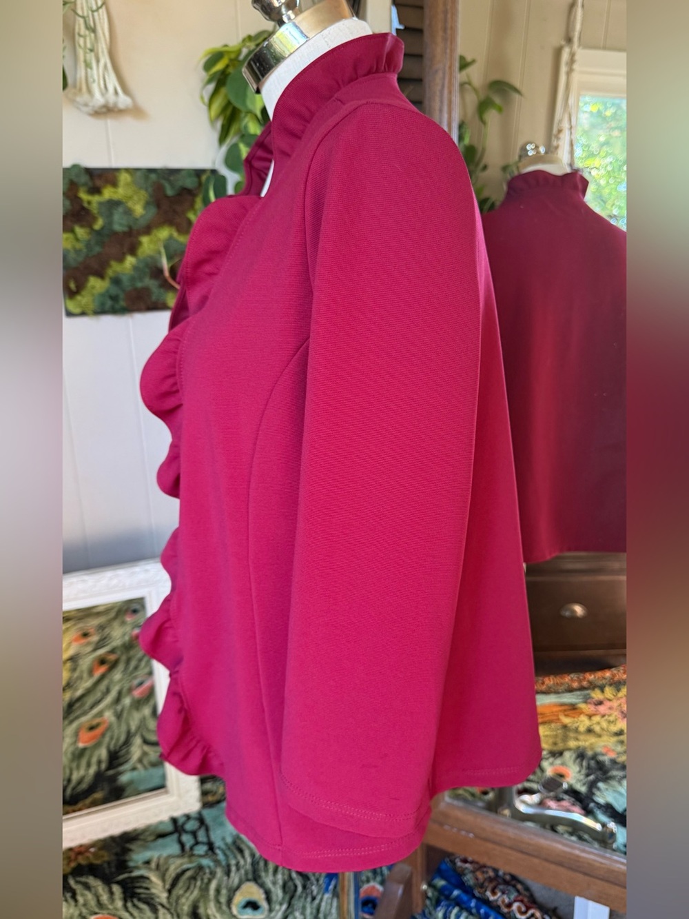 Slinky Brand Ruffle-Trim Open Front Jacket in Deep Raspberry, L - Picture 4 of 7